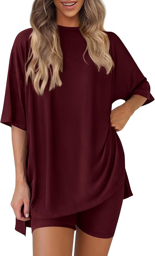 PRETTYGARDEN Women 2 Piece Lounge Set 2026 Summer Casual Oversized Shirts Biker Shorts Matching Airport Travel Outfit Clothes by PRETTYGARDEN
