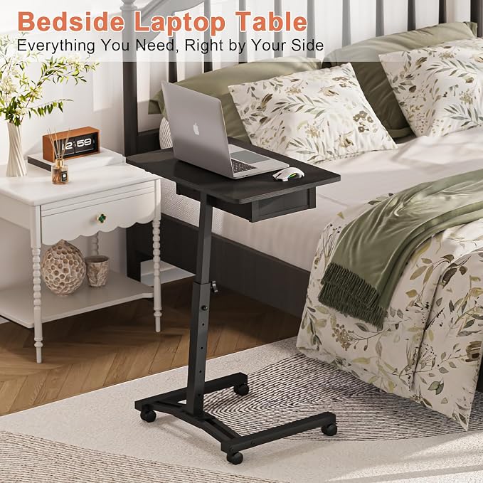 Rolling Adjustable Height Standing Desk With Drawers, Small Mobile Laptop Desk Cart On Wheels For Small Spaces Home Office, Portable Sitting Laptop Table For Bed Couch Load Up To 60LBS, Sturdy, Black - Image 8