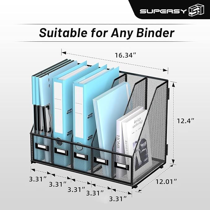 SUPEASY Desk Organizers Metal Desk Magazine File Holder with 16''x12''x12'' 5 Vertical Compartments Rack File Organizer for Office Desktop, Classroom, Home Workspace, Black Plus - Image 3