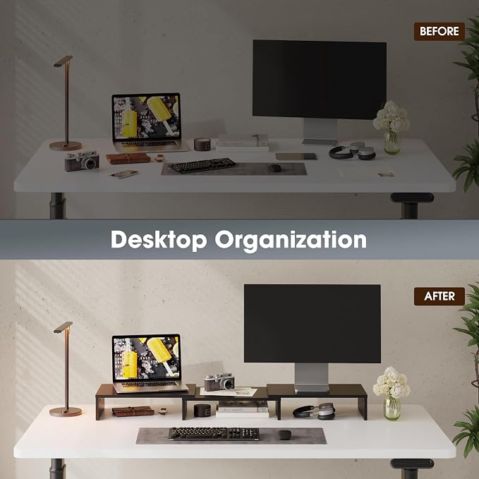 FITUEYES Dual Monitor Stand Riser, Adjustable Length and Angle, Black | Wooden 3-Shelf Design, Supports up to 55lbs, Flexible for Standard Corner Space, Holds Monitor, Laptop, Phone, Printer - Image 5