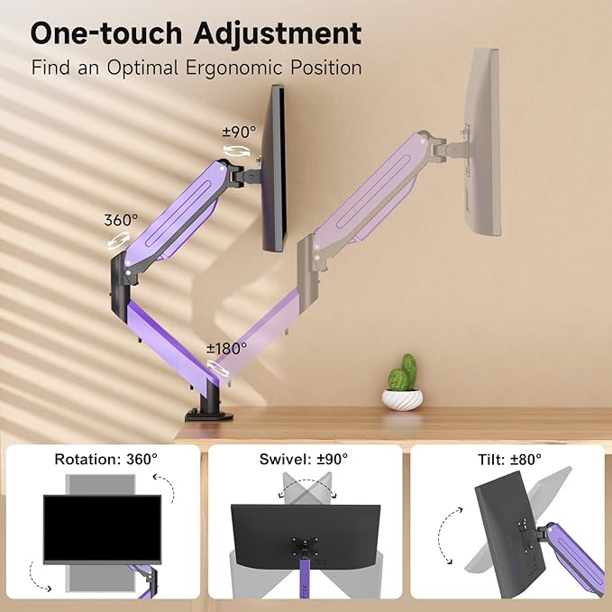 Suptek Monitor Mount Gas Spring Monitor Arm Desk Mount Fully Adjustable Fits 17-35 inch Monitors Weight Capacity up to 24.25 lbs, Black+Purple - Image 3