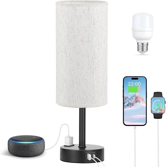 Light Beige Table Lamp for Nightstand - 3 Way Dimmable Bedside Lamp for Bedroom with USB C A Charging Ports and AC Outlet, Small Desk Lamp with Black Base for Living Room, Office, LED Bulb Included - Image 6