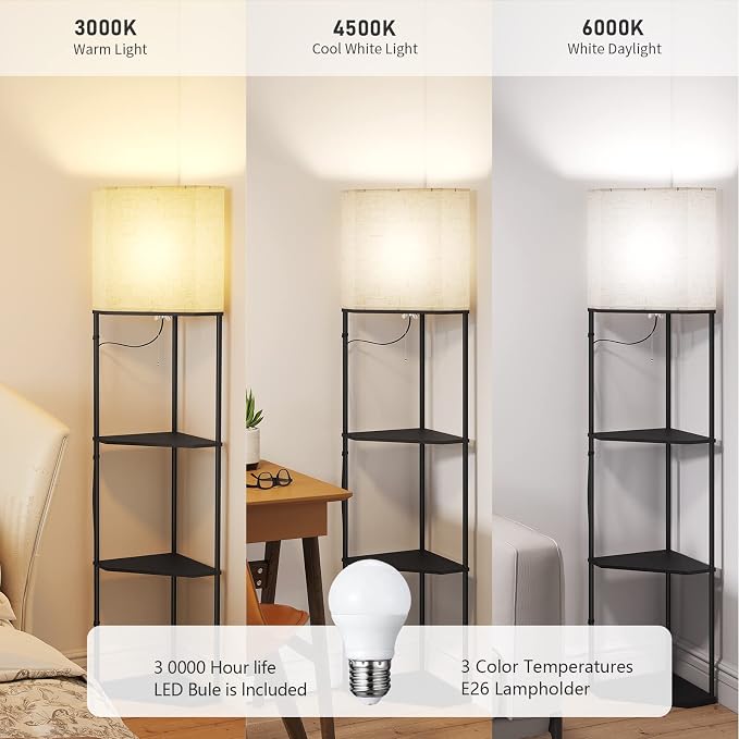 SUNMORY Sector Corner Shelf Lamp 3 Color Temperatures LED Bulb,Corner Lamps with Linen Lampshade, Floor Lamps for Living Room, Bedroom, Study, Black Standing Lamp with Shelves - Image 2