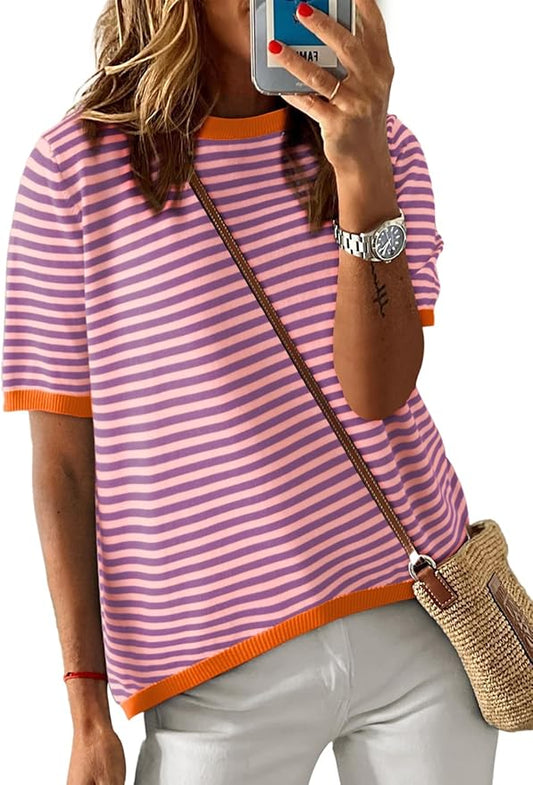 Dokotoo Womens Tops 2026 Casual Summer Crewneck Short Sleeve Striped Color Block Knit High Low Trendy Pullover Sweaters by Dokotoo