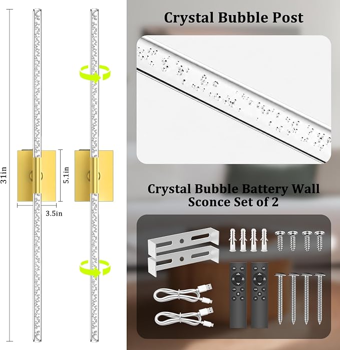 iThird Crystal Bubble Gold Wall Sconces Set of 2: 10000mAh Rechargeable Wireless Lights with Remote & 360° Rotate, 4 Color Temps Dimmable, 31" Lamp Decor for Bedroom Living Room Mirror - Image 3