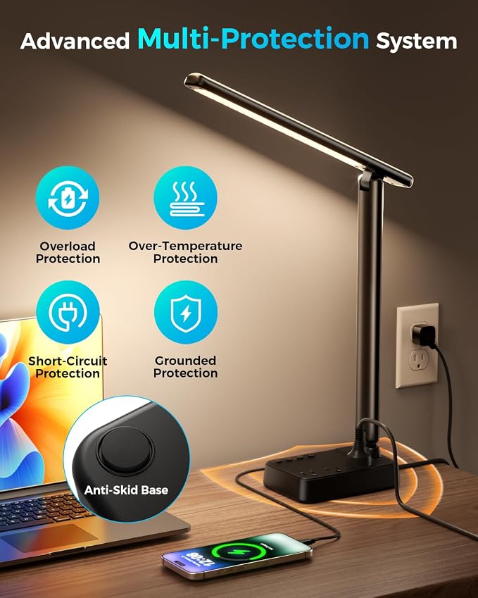 LED Desk Lamp with Power Strip, 3 AC Outlets, 4 USB Ports, Stepless Dimming | 2800K-6500K Color, 2 USB-C, Foldable Design, Timer & Memory, Study, Home Office & College Dorm - Image 5