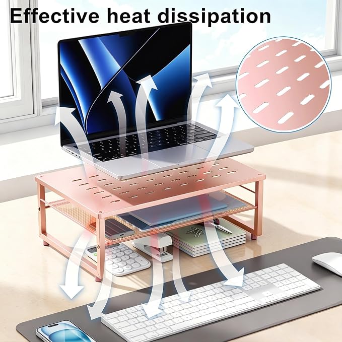 gianotter 2-Tier Metal Monitor Stand Riser, Desk Organizer for Monitor, Office Desk Storage Organizer for Office Supplies (Rose Gold) - Image 3