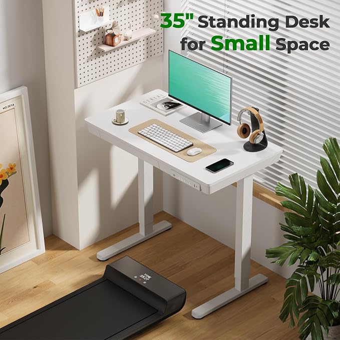 35" Electric Standing Desk with Drawer, 4 Lockable Wheels | Height Adjustable Quick Install One-Piece Tabletop with USB Charging Port, Small Sit to Stand up Desk for Home Office, White - Image 3