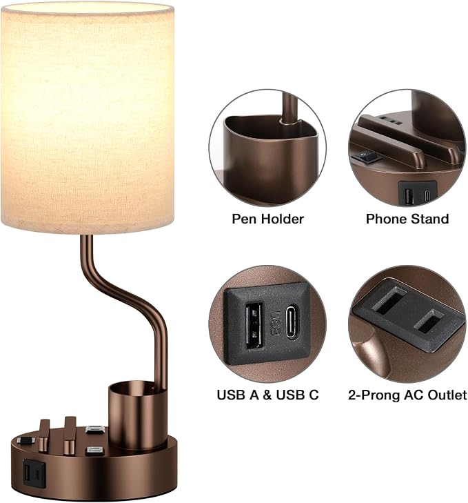 Fenmzee Bedside Lamps for Bedroom Set of 2 - Table Desk Lamp for Nightstand | 15" Table Lamp for Living Room with Pen Holder & Phone Stand, USB A+C Port, AC Outlet, 3 Color Temperature, LED Bulb Included - Image 6