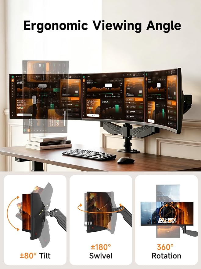 Bracwiser Triple Monitor Mount for 17 to 34 inch Screens, Holds up to 26.45lb, Adjustable Triple Monitors Stand for Desk with Tilt, Swivel, Rotation, Clamp & Grommet Kit, VESA 75/100mm, Black, MDX003P - Image 5