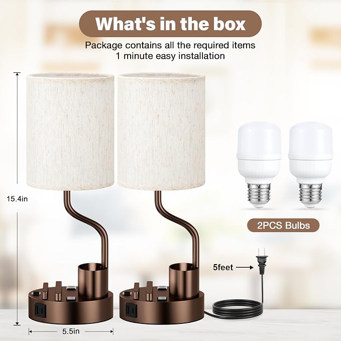 Fenmzee Bedside Lamps for Bedroom Set of 2 - Table Desk Lamp for Nightstand | 15" Table Lamp for Living Room with Pen Holder & Phone Stand, USB A+C Port, AC Outlet, 3 Color Temperature, LED Bulb Included - Image 6