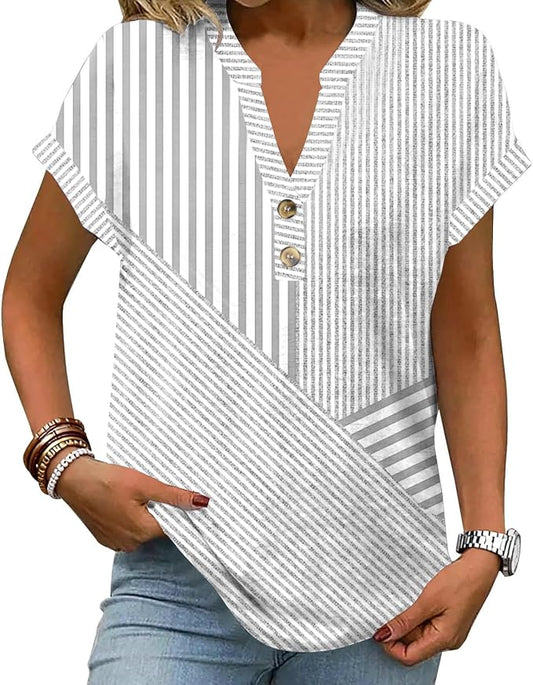 Womens Henley Summer Tops V Neck Button Dressy Casual T Shirts Blouses | Breathable, V-Neck Button, Striped, Loose Fit, Business Casual, Office, Vacation, Spring Summer Tops, Basic Shirts by ETCYYNEW