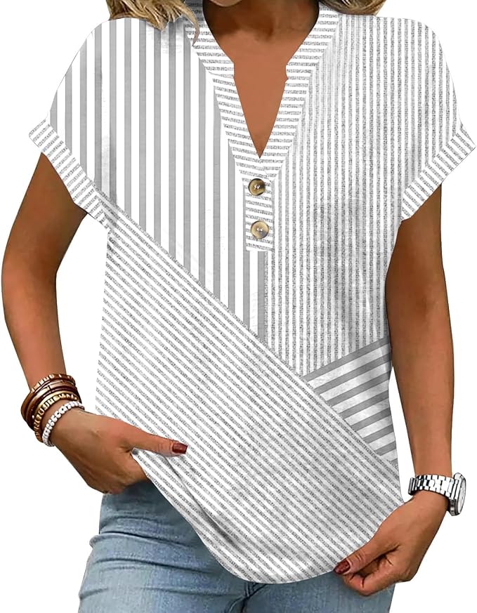 Womens Henley Summer Tops V Neck Button Dressy Casual T Shirts Blouses | Breathable, V-Neck Button, Striped, Loose Fit, Business Casual, Office, Vacation, Spring Summer Tops, Basic Shirts by ETCYYNEW
