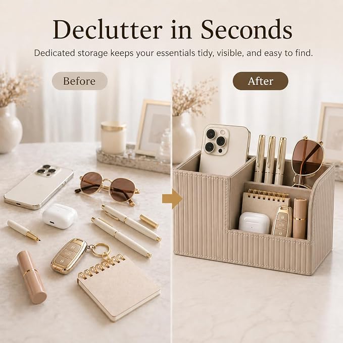 KINGFOM Desk Pen Organizer Office Supplies Caddy Pu Leather Multi-function Storage Box Pen/Pencil,Cell phone, Business Name Cards Remote Control Holder (Mocha Beige) - Image 6