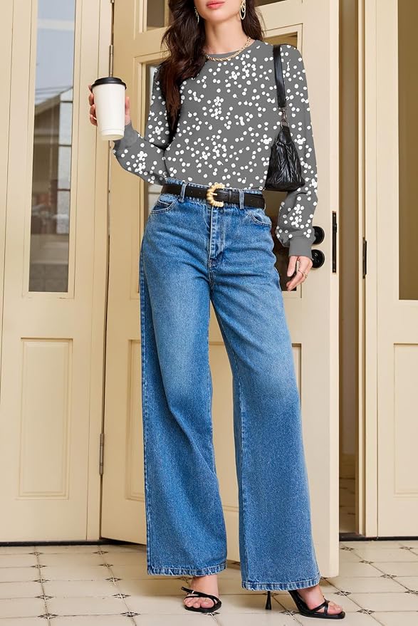 EVALESS Womens Crewneck Long Sleeve Tops Casual Polka Dots Tops Fall 2026 Tshirts Shirts - Image 6