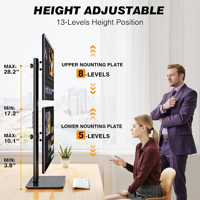 Dual Monitor Stand VESA Mount for 13-38 Inch Screens up to 44lbs | Free-Standing Monitor Riser with Swivel, Tilt, Rotation & Height Adjustable, Compatible with VESA 75x75-100x100mm - Image 3