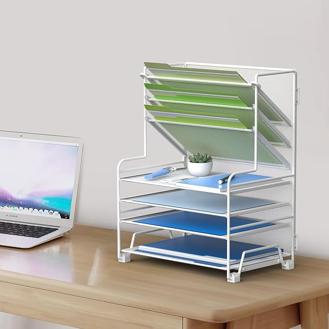 MINDEPOT 4-Tier Paper Organizer + 3-Pocket File Holder + Drawer + Pen Holders, Desktop File Organizers Paper Tray for Office Supplies School Classroom Organization (White, no Drawer & Pen Holder) - Image 6