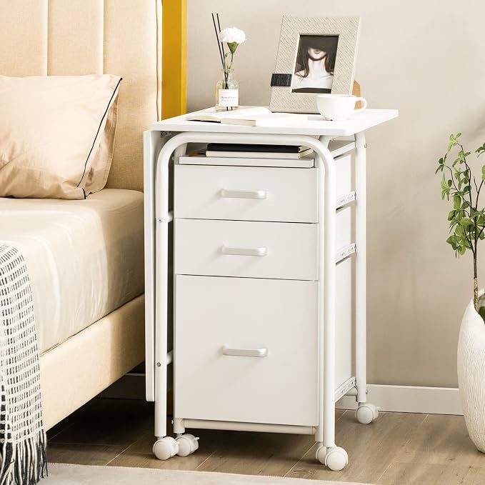 Folding Computer Desk with 6 Wheels, 41.5" Modern Steel Collapsible Home Office Desk with 3 Storage Drawers, Portable Writing Laptop Desk for Bedroom, Study, Small Space, Home Office, White - Image 2