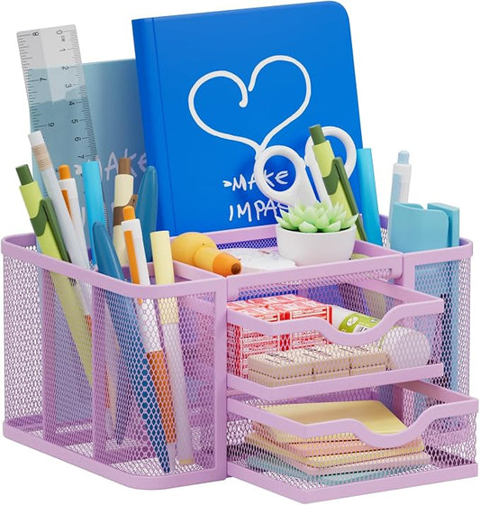 Marbrasse Mesh Desk Organizer, Pen Holder with 2 Drawer, Multi-Functional Pencil Holder, Desk Organizers and Accessories with 5 Compartments + Drawer for Office Art Supplies (Purple) by Marbrasse