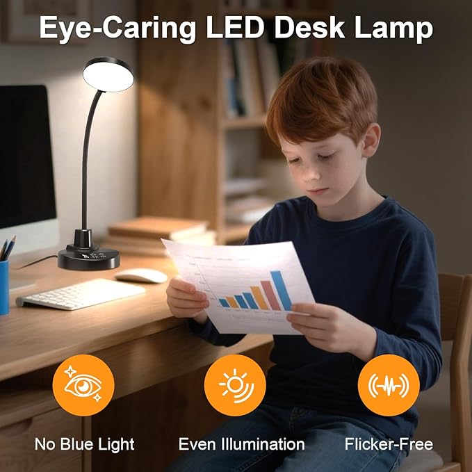 15W LED Desk Lamp with USB Charging Ports, [Button & Remote Control] Dimmable Table Lamp with 3 Color Modes, 5 Brightness Levels, 4 Timers, Flexible Reading Light for Home Office, Bedroom, Kids Study - Image 3