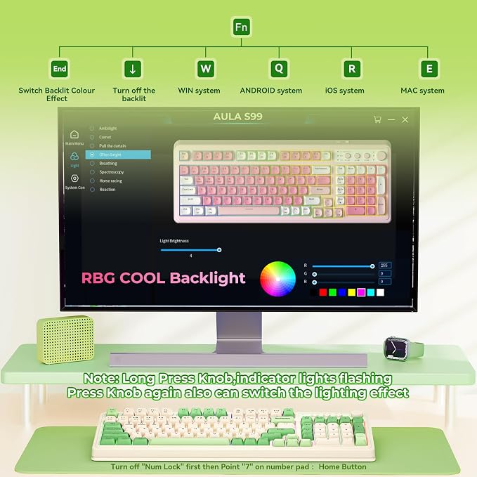 AULA S99 Gaming Keyboard, Wireless Green Creamy Computer Keyboards | Tri-Mode Bluetooth/2.4GHz/USB-C Membrane Keyboard with Number Pad,99Keys,RGB Backlit,Programmable,Creamy Silicone Structure - Image 4