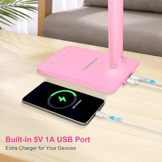 White crown LED Desk Lamp Dimmable Table Lamp Reading Lamp with USB Charging Port, 5 Lighting Modes, Sensitive Control, 30/60 Minutes Timer Pink (Pink, First-Generation) - Image 3