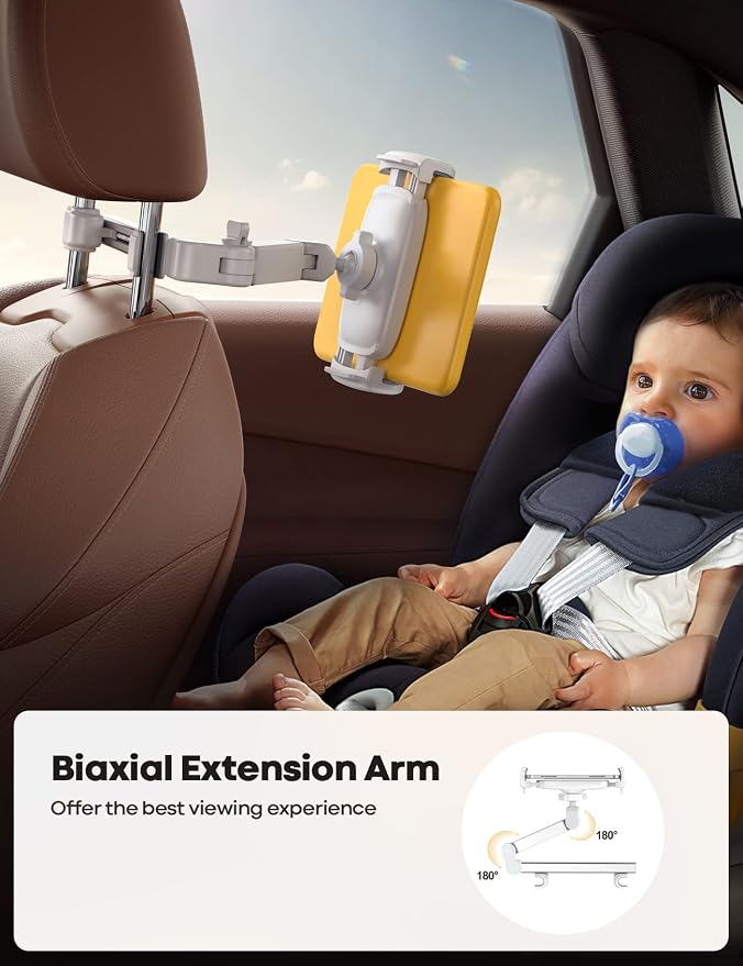 Lamicall Car Headrest Tablet Holder - [Extension Arm] Upgrade Adjustable Tablet Car Mount for Back Seat, Road Trip Essentials for Kids, for 4.7-11" Device like iPad Pro, Air, Mini, Galaxy, Fire, White - Image 2