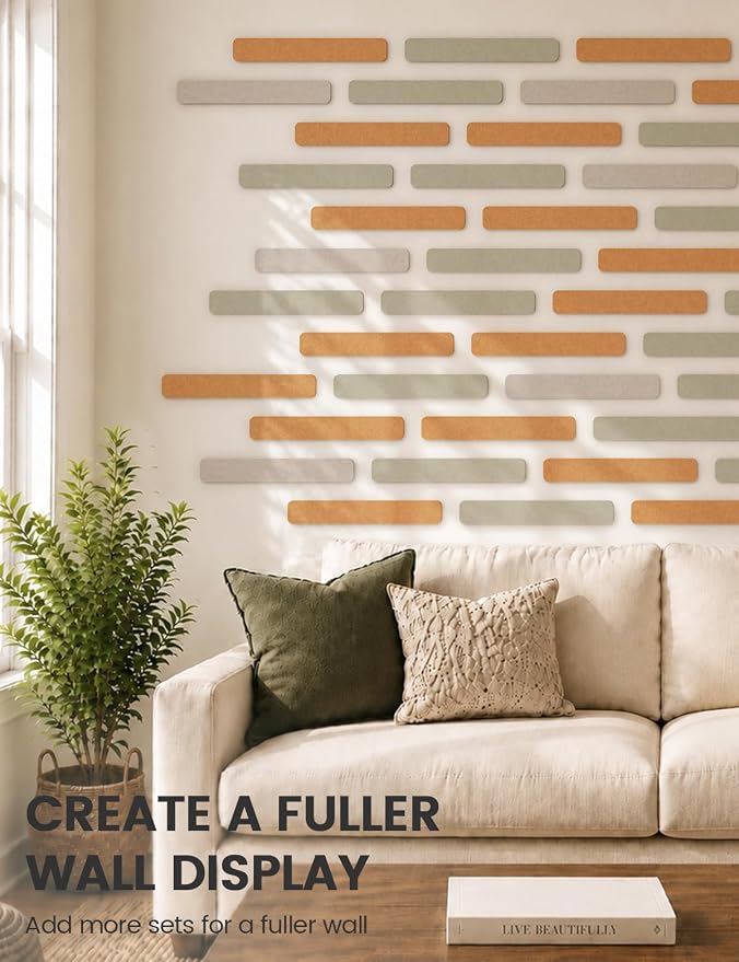 Fluxynara 13" x 2" Felt Wall Panels, Sunset Yellow | 5-Pack Cork Board Alternative with 35 Push Pins, Adhesive Mounting for Bedroom Door or Home Office - Image 7