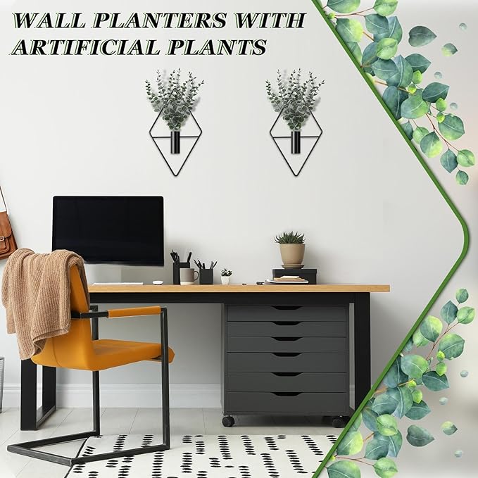 Jexine 4 Pcs Hanging Planters with Artificial Eucalyptus Metal Hanging Vase Indoor Plants Holder Modern Geometric Boho Bathroom Wall Decor for Living Room Home Office(Black) - Image 6