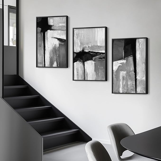 Large Framed Black and White Gray Abstract Wall Art for Living Room, 3 Piece Modern Canvas Prints Paintings Artwork for Walls, Grey Abstract Pictures for Hallway Office Wall Decor 24x36 In - Image 2