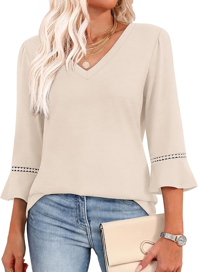 WIHOLL Womens Blouses Dressy Casual 3/4 Length Sleeve Tops Lace Trendy 2026 Spring Summer V Neck Shirts Vacation Outfits by WIHOLL