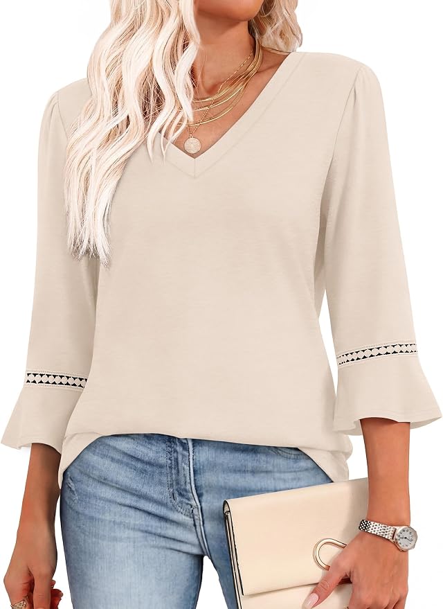 WIHOLL Womens Blouses Dressy Casual 3/4 Length Sleeve Tops Lace Trendy 2026 Spring Summer V Neck Shirts Vacation Outfits by WIHOLL