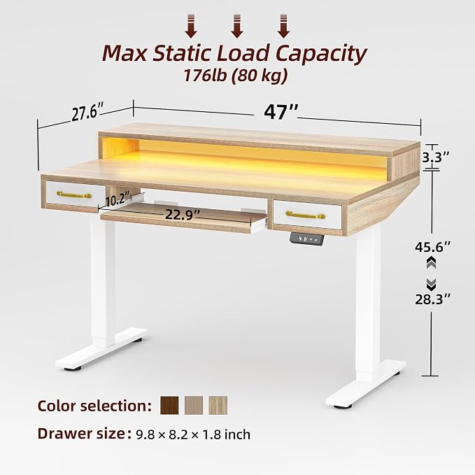 TIQLAB Standing Desk with Two Drawers, Stand Up Standing Desk Adjustable Height, Electric Sit Stand Table with Storage Shelf and Splice Board, with LED Light, 47 * 28 inch, Maple - Image 3