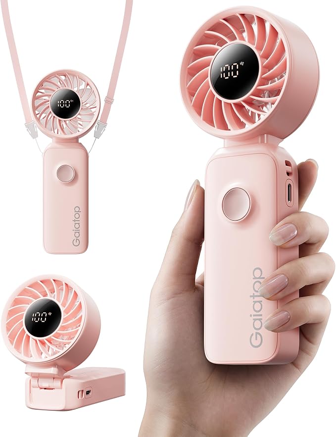 Gaiatop Portable Handheld Fan, 5 Speed Rechargeable Battery Max 18 Working Hours, 3 IN 1 Neck/Desk/Hand Fan Cooling for Travel, Beach, Women/Men Outdoor Activities Gifts - Pink by GAIATOP