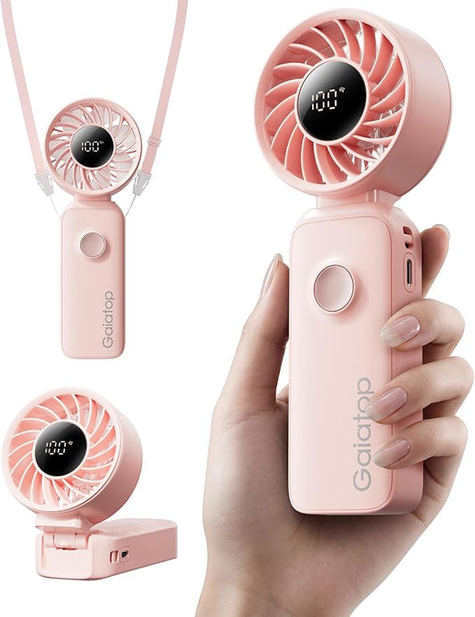 Gaiatop Portable Handheld Fan, 5 Speed Rechargeable Battery Max 18 Working Hours, 3 IN 1 Neck/Desk/Hand Fan Cooling for Travel, Beach, Women/Men Outdoor Activities Gifts - Pink by GAIATOP