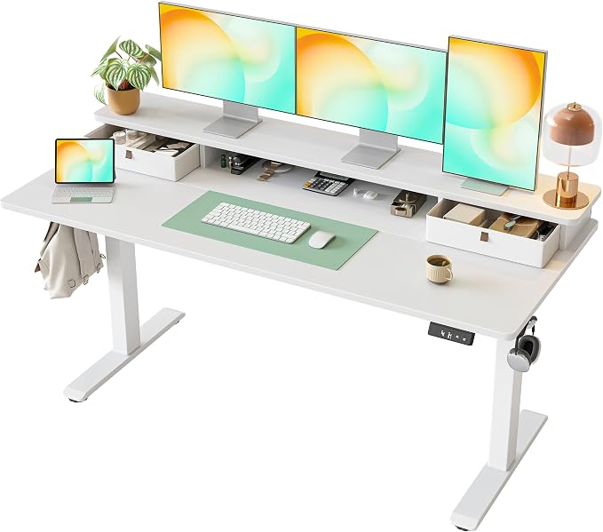 TIQLAB Standing Desk with Two Drawers, Stand Up Standing Desk Adjustable Height, Electric Sit Stand Table with Storage Shelf and Splice Board, 63 * 24 inch, White by TIQLAB