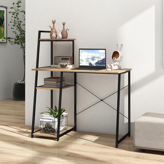 Giantex Computer Desk with Shelves, 47.5” Home Office Desk with Bookshelf, Host Stand, Metal Frame, PC Laptop Workstation, Modern Study Writing Desk for Bedroom, Small Space (Natural & Black) - Image 8