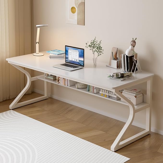 OSCHF 63-Inch Extra Long Desk with Storage Shelf, Warm White | Double Long Writing Table, Space-saving, 2-Person Workstation, Modern Study Work Computer Desk, For Home Office by OSCHF