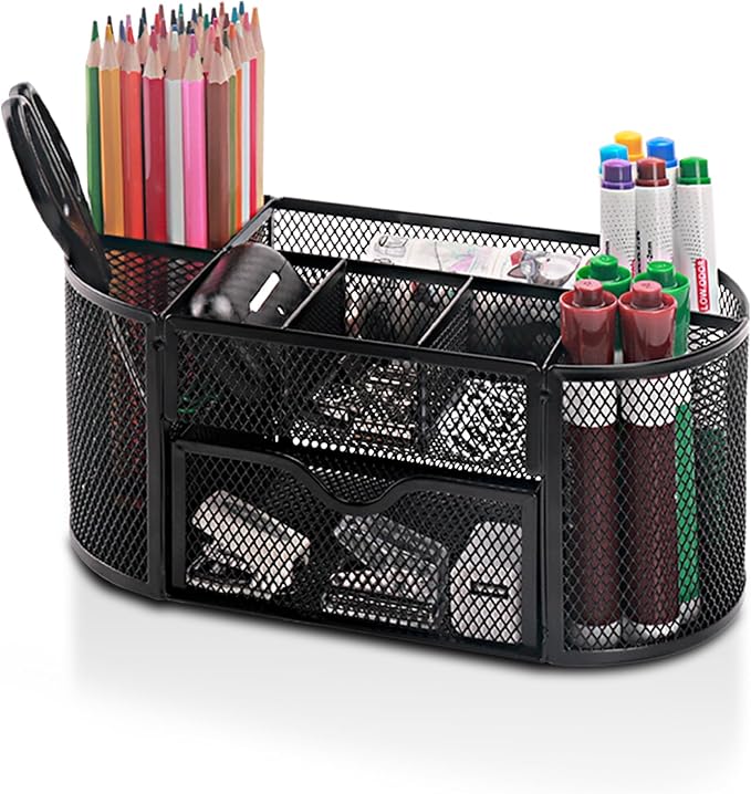 Comix Mesh Pen Pencil Holder Desk Organizer, 8 Compartment and 1 Drawer Wire Desktop Pen Pencil Cup Caddy Office Supplies Accessories for Home Office School, Black by Comix