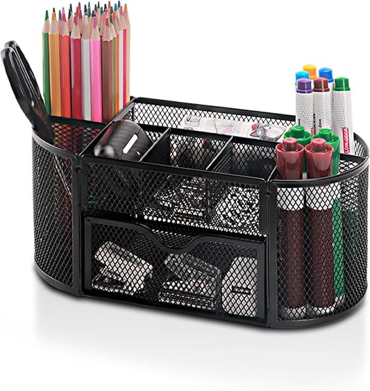 Comix Mesh Pen Pencil Holder Desk Organizer, 8 Compartment and 1 Drawer Wire Desktop Pen Pencil Cup Caddy Office Supplies Accessories for Home Office School, Black by Comix