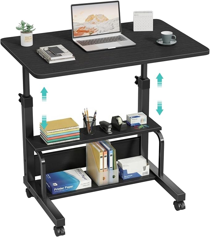 WINAZ Small Portable Rolling Kids Desk - 32" Mobile Laptop Desk with Wheels for Small Spaces, Height Adjustable C Shaped Side Table with 2-Tier Storage Shelves, Black by Unknown