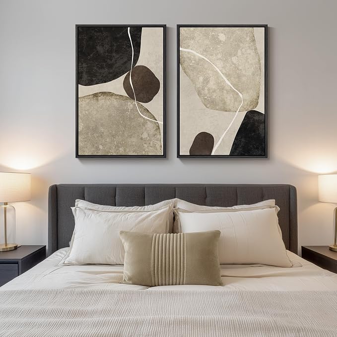 Large Framed Neutral Abstract Wall Art Set of 2, Modern Black Beige Brown Canvas Prints Paintings Artwork for Walls, Minimalist Stone Shape Pictures for Living Room Dining Bedroom Wall Decor 24x36 In - Image 4