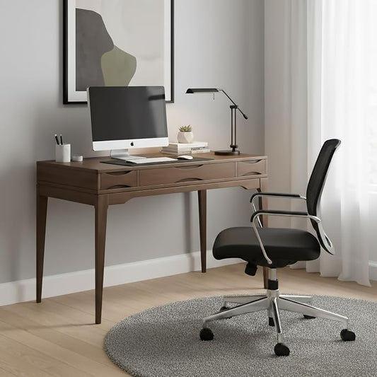 SIMPLIHOME Harper Small Desk - 48 Inch Wide Solid Wood Writing Desk in Dark Brown Chestnut, Mid-Century Modern Home Office Computer Table for Study with 2 Drawers and Flip-Down Keyboard Tray by SimpliHome