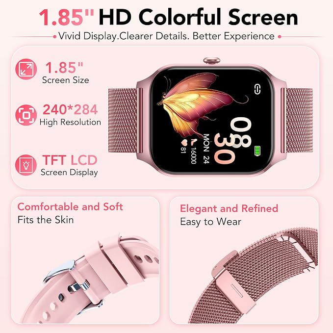 Smart Watch for Women, Answer/Make Call/AI Voice,1.85" HD Smartwatch for iPhone/Samsung/Android, 120+ Sport Modes Fitness Tracker with Heart Rate/Sleep Monitor,IP68 Waterproof (2 Bands) - Image 7
