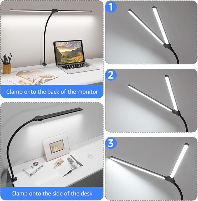 ShineTech LED Desk Lamp for Home Office, 5000K Bright Double Head Architect Task Lamps with Clamp, Dimmable Adjustable Flexible, Black - Image 6