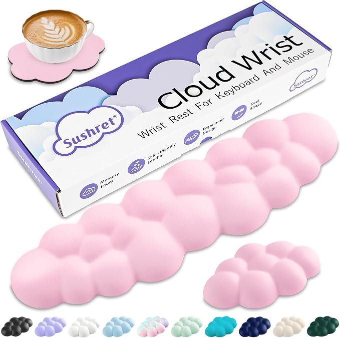 Sushret Cloud Wrist Rest Keyboard, Cloud Keyboard Wrist Pad Set with PU Leather Memory Foam, Cute Arm Rest for Palm Support, PC/Gaming Desk Accessories/Office Setup/Computer Hand Cushion - Pink by Sushret