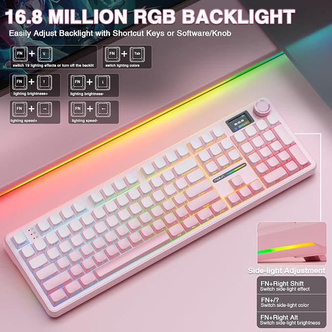 AULA F108 PRO - Wireless Mechanical Keyboard with Screen & Knob,Full Size Keyboard with 8000mAh Battery,Pre-lubed Switches,Side Printed PBT Keycaps,RGB Backlit Hot Swappable Custom Pink Keyboards - Image 7
