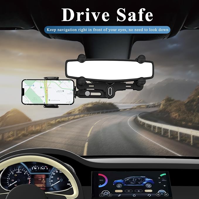 Car Phone Holder Mount, Rear View Mirror Phone Holder, Rotatable and Retractable Phone Holders for Your Car Compatible with iPhone Samsung All 4-7 Inch Cell Phones - Image 7
