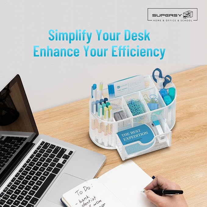 Mesh Desk Organizer with Drawer, 9-Compartment Pen Holder for Desk, White | Pull-Out Drawer Stores Pens, Pencils, Clips, Notes, and Small Office or School Supplies in One Compact Desk Caddy - Image 2