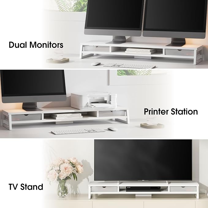 Fenge Dual Monitor Stand, Monitor Riser with Drawer, 42.5 Inch Large Computer Monitor Stand for 2 Monitors, 2 Tier Wooden Desk Shelf for Top of Desk - Image 6